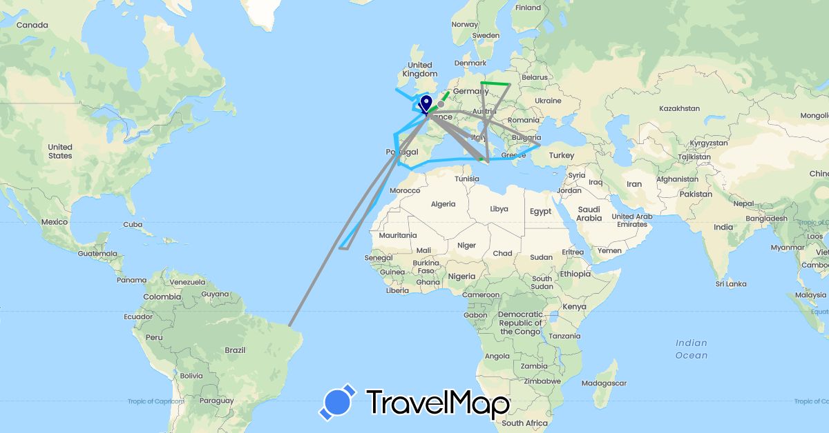 TravelMap itinerary: driving, bus, plane, boat in Belgium, Brazil, Switzerland, Cape Verde, Germany, Spain, France, United Kingdom, Gibraltar, Greece, Ireland, Italy, Morocco, Poland, Portugal, Turkey (Africa, Asia, Europe, South America)
